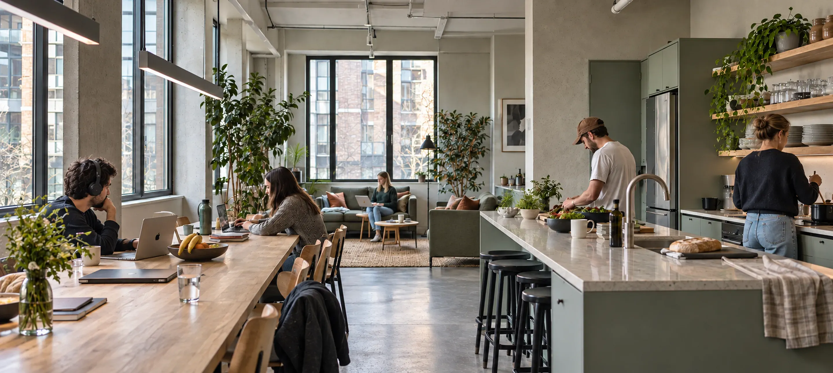 People working, relaxing and preparing food in a bright co-living lounge with a shared kitchen and long communal table.