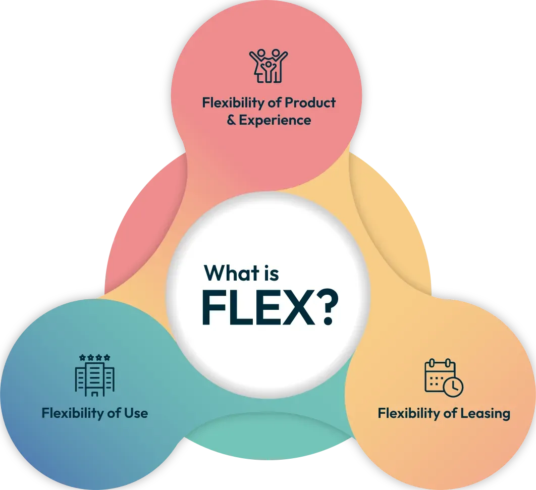 Three overlapping circles around the question what is flex: flexibility of product and experience, flexibility of use, and flexibility of leasing.