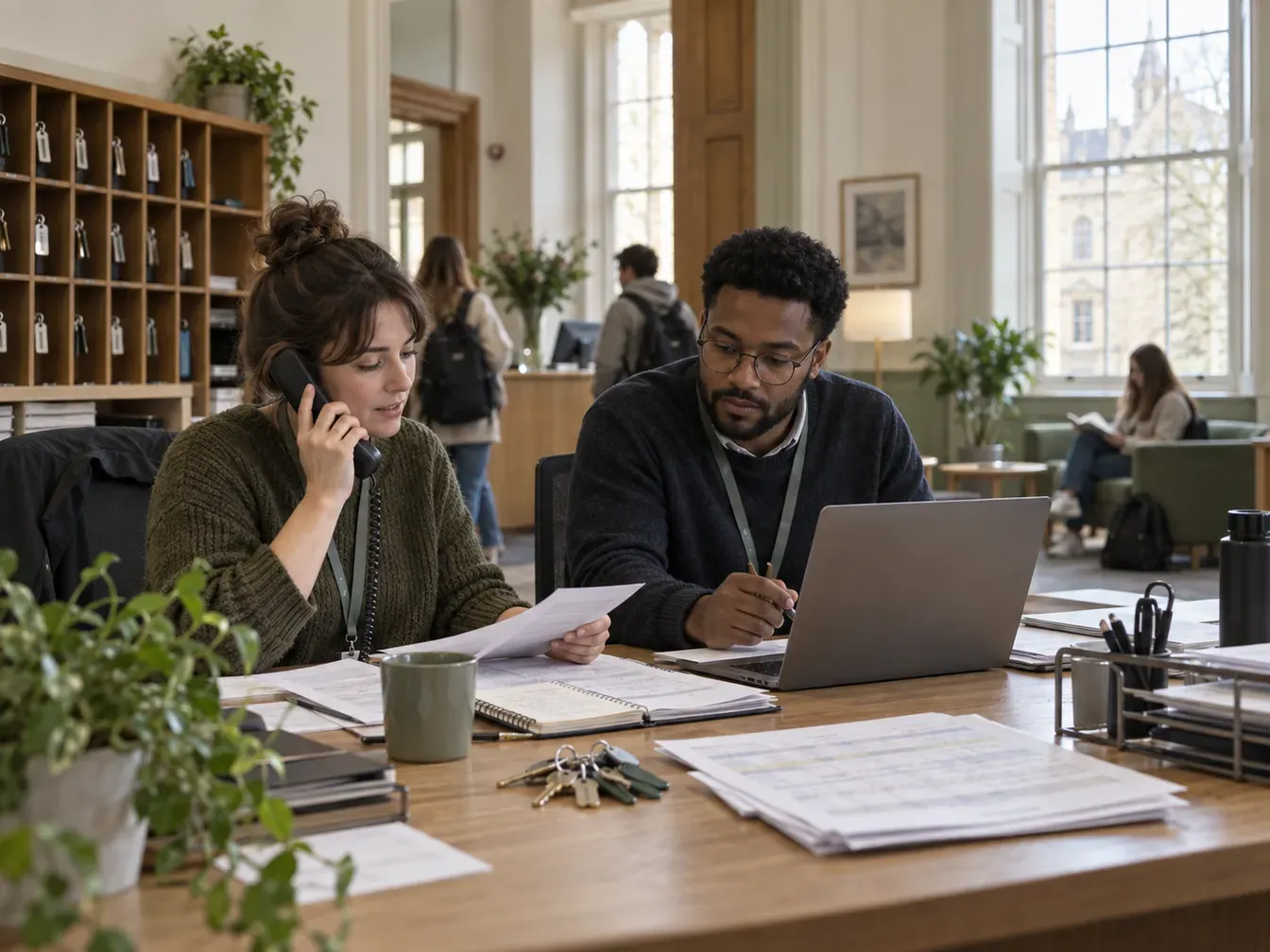 Two university accommodation staff coordinating room bookings by phone, laptop and printed schedules at a shared desk.