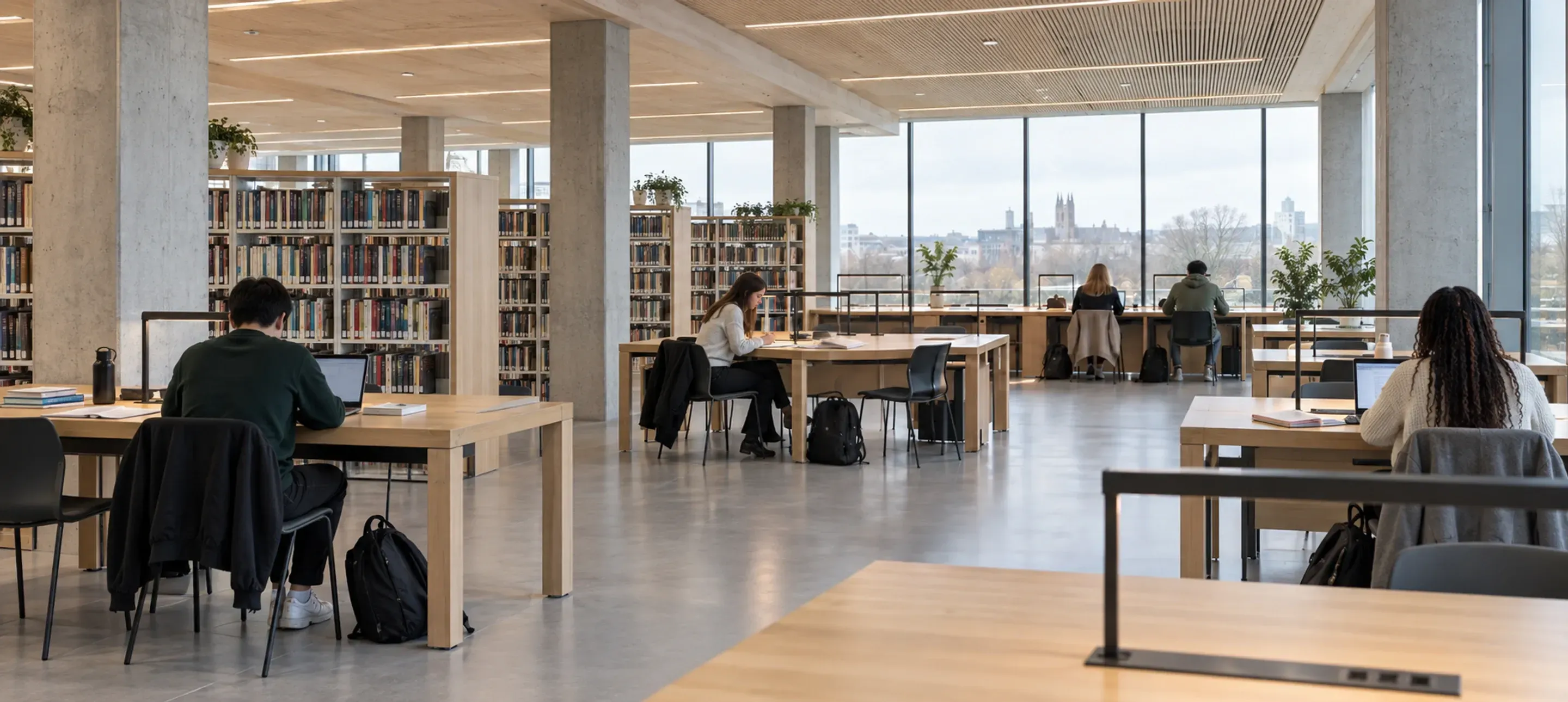 Students working at tables in a bright university library, with bookshelves and large windows overlooking the city.