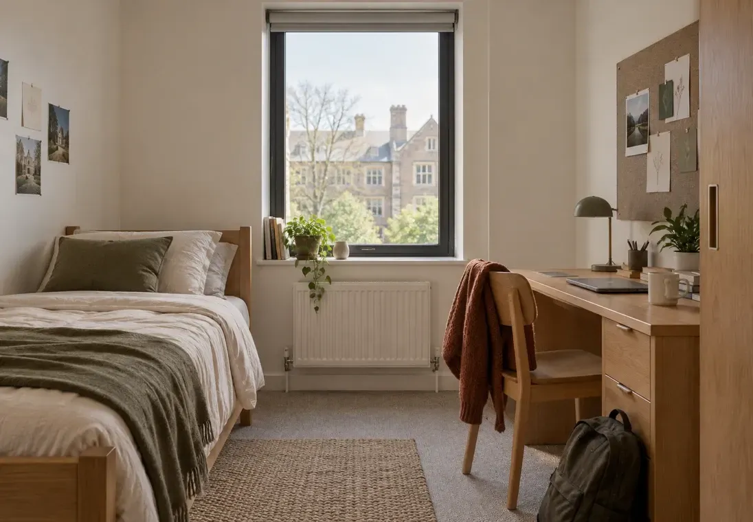 A university halls bedroom with a single bed, study desk, backpack and a window overlooking an older campus building.