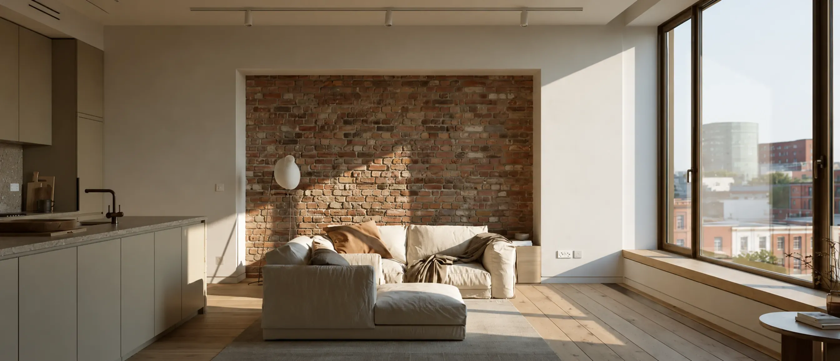 A bright open-plan apartment with a brick feature wall, a cream sofa and tall windows looking out over the city.