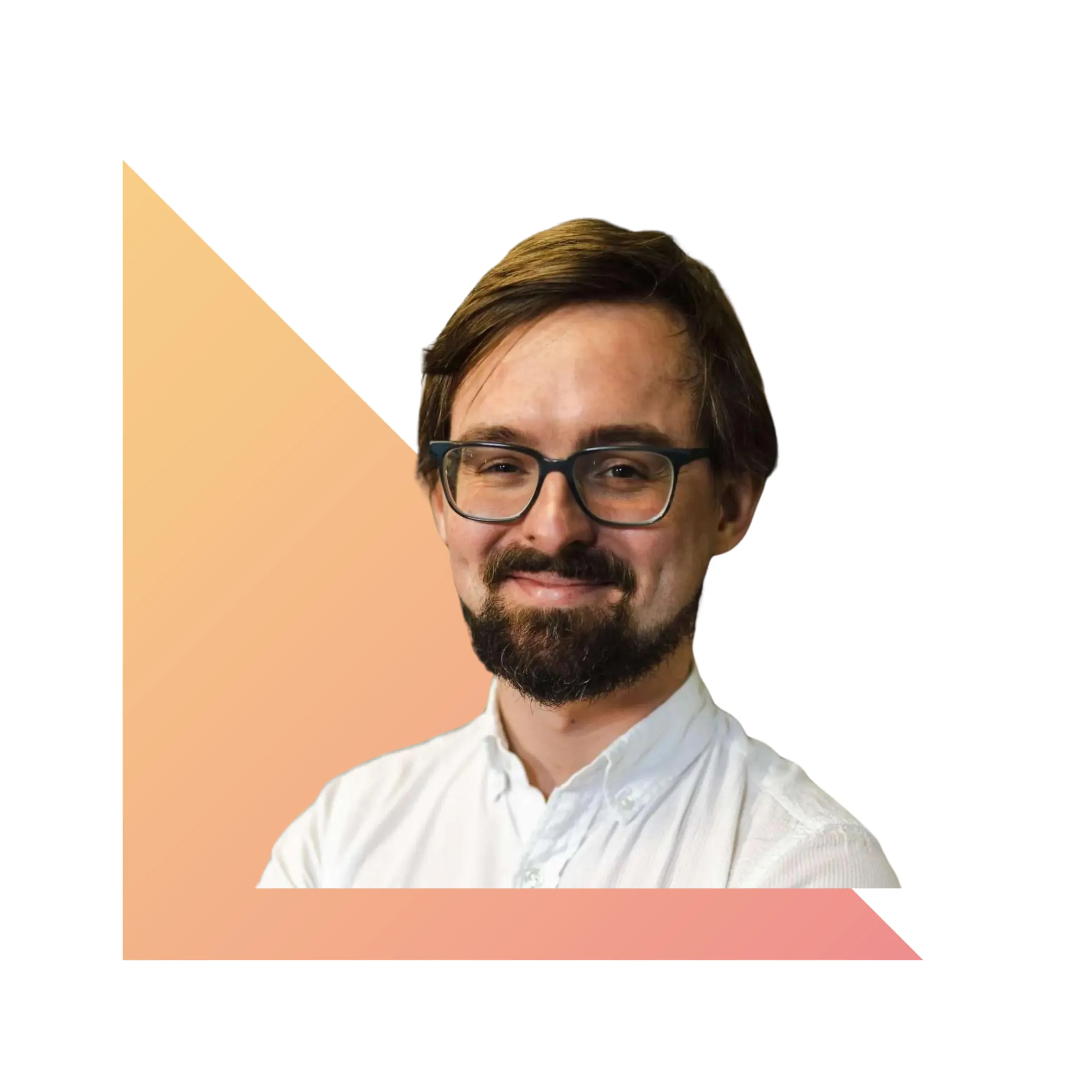 A portrait of Lavanda’s spokesperson on a coral background.
