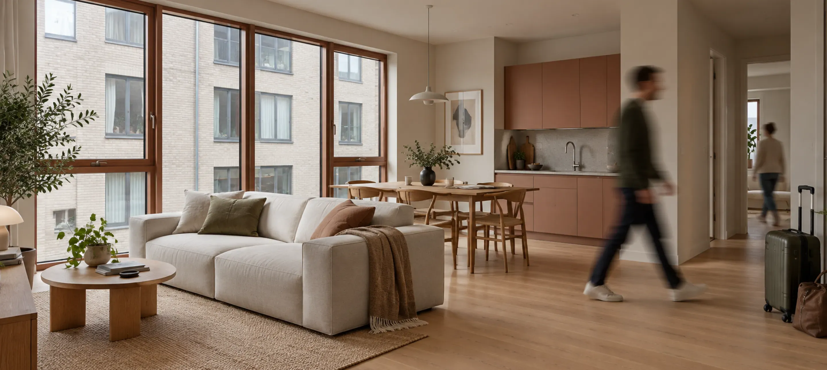 Residents moving through a warm, open-plan apartment with a suitcase beside the hallway and large windows overlooking neighbouring homes.
