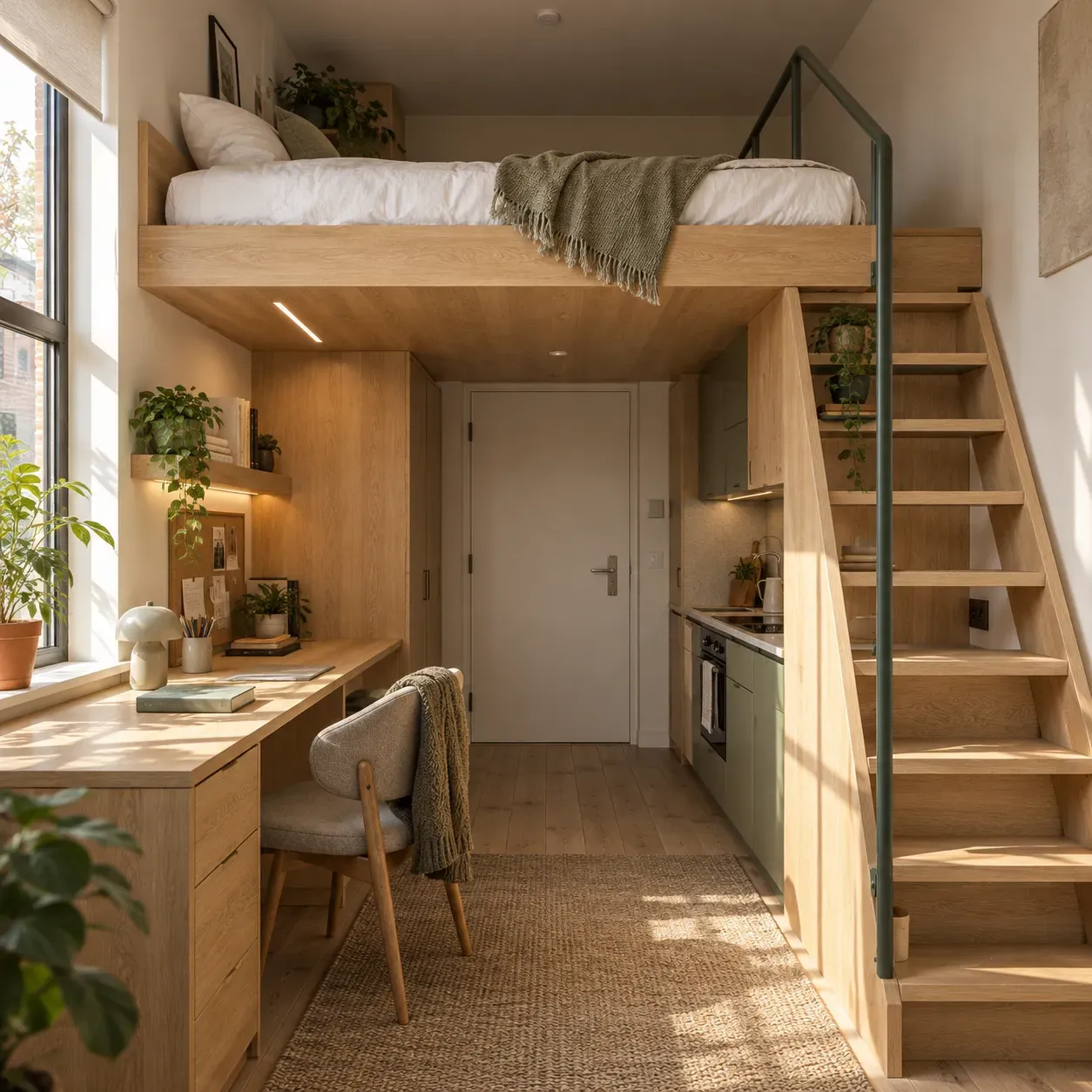 A student micro-studio with an oak mezzanine bed, side staircase, desk and kitchenette in neutral window light.