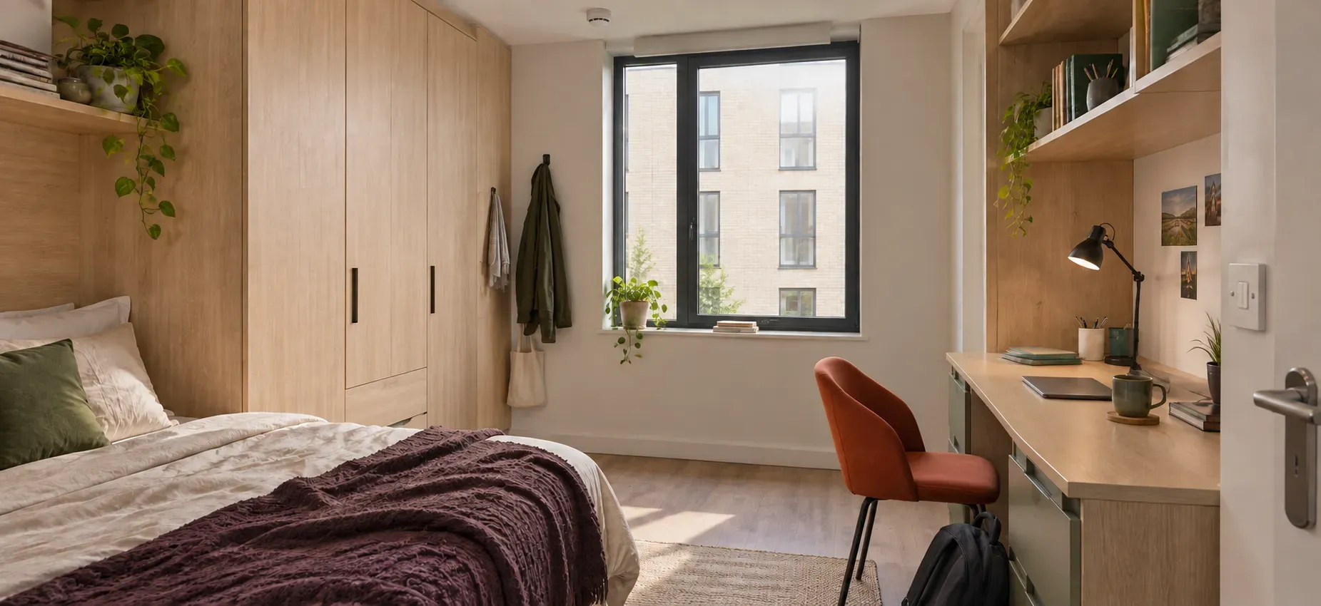 A warm student bedroom with a made bed, fitted wardrobes, a study desk and a backpack beside the chair.