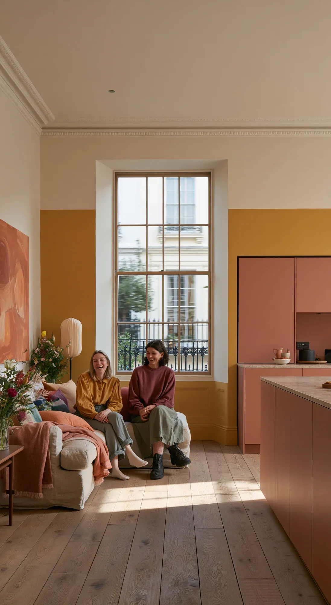 Two people sitting and laughing on a sofa in a bright living room with mustard-yellow walls and a tall sash window.