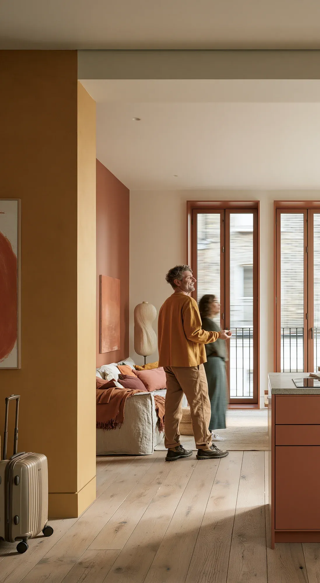 Two people standing in a warm-toned bedroom beside an open balcony door, with a terracotta bed and an ochre partition wall.