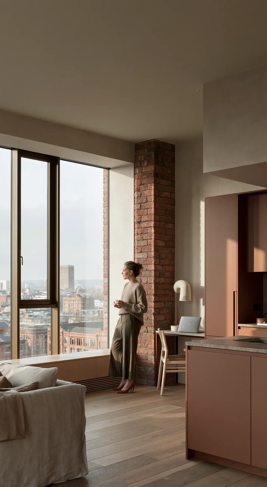 A person standing with a mug at the window of a loft apartment with exposed brick, looking out over a city skyline.