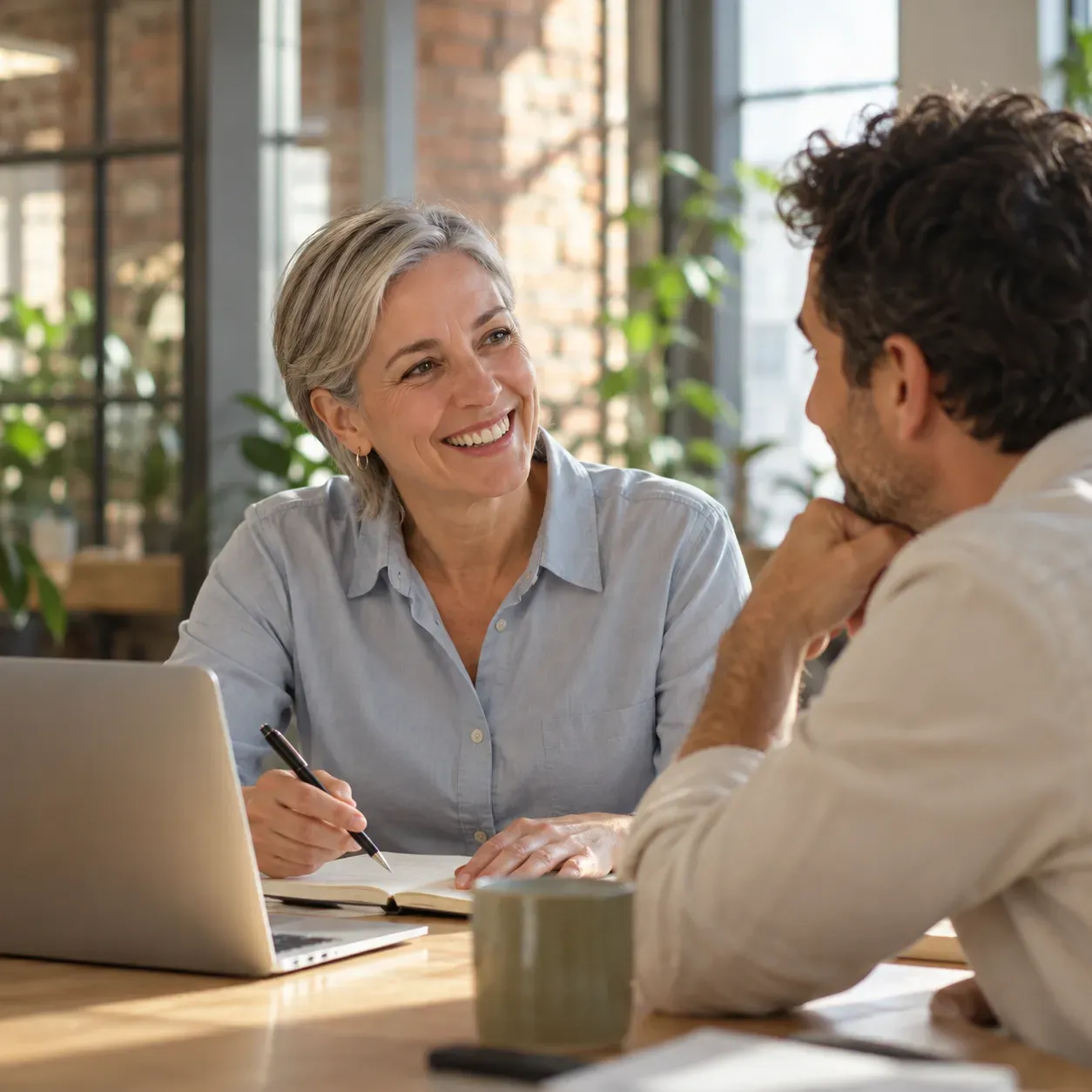 A silver-haired woman and a curly-haired man talking over a notebook and laptop in a daylit workspace.