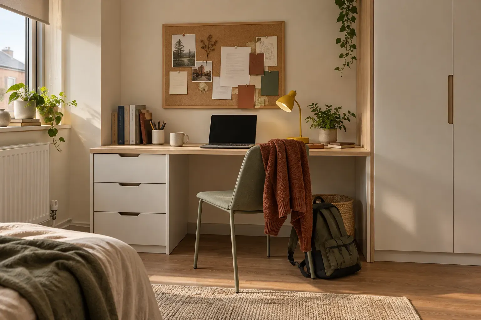 A student bedroom study corner with a white desk, laptop, mustard lamp, pinned papers, a jumper on the chair and a backpack.