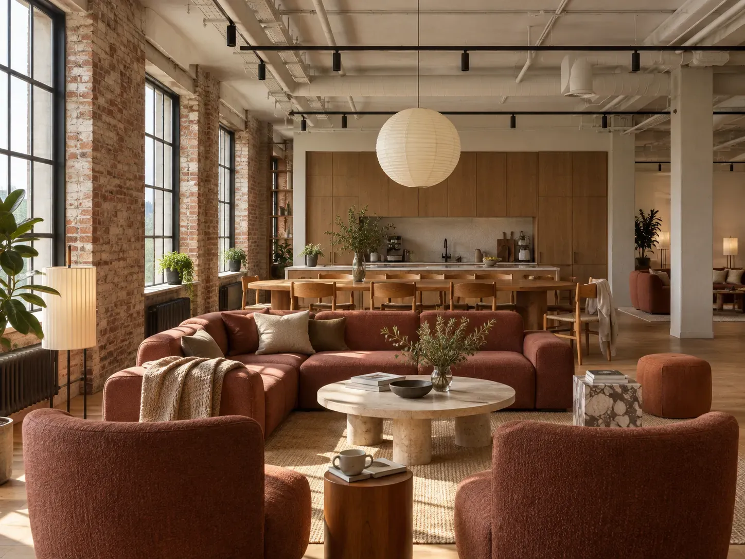 A shared lounge with rust seating, a communal dining table and kitchen, exposed brick piers and tall windows.