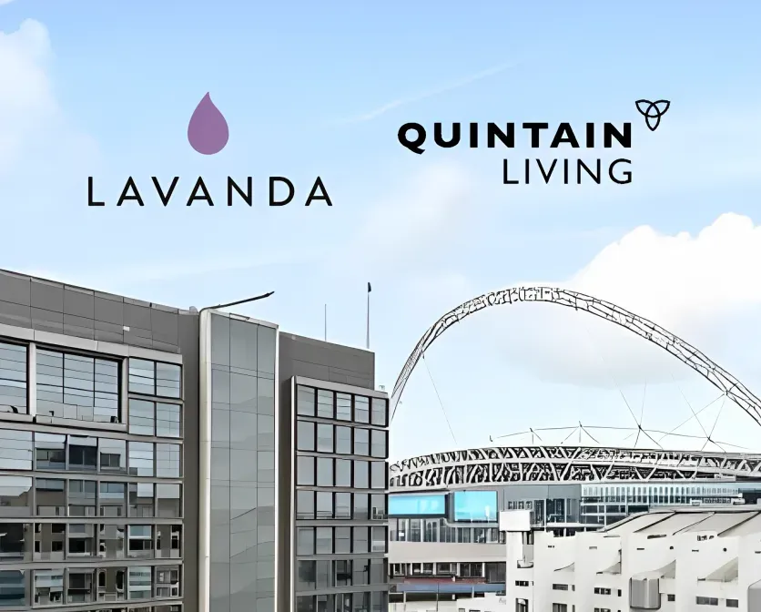 The Lavanda and Quintain Living marks above Wembley Park, the stadium arch behind the flats.