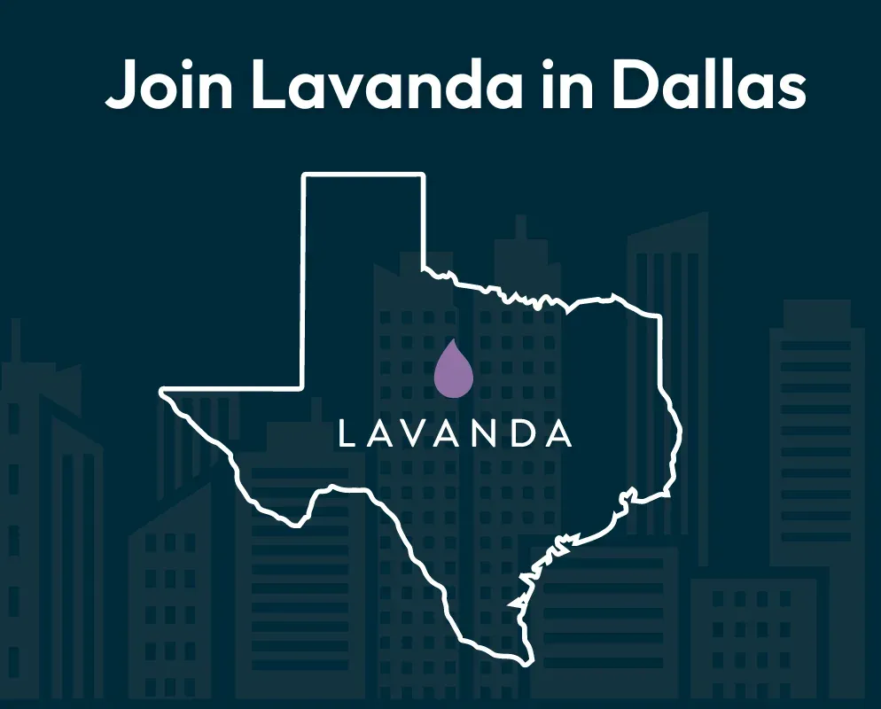 Join Lavanda in Dallas, set over an outline of Texas with the Lavanda mark inside it and a city skyline behind.
