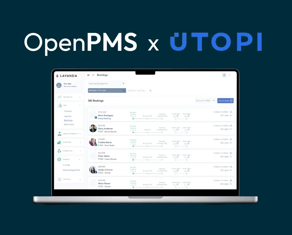 OpenPMS x Utopi, above a laptop showing a Lavanda bookings list.